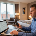 A man in his hotel room in Manchester UK with a portable wifi device connected to his laptop to avoid data roaming charges | Airport Wifi Hire | Airport Wifi Hire A man in his hotel room in Manchester UK with a portable wifi device connected to his laptop to avoid data roaming charges