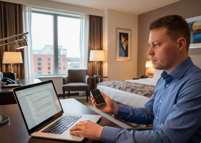 A man in his hotel room in Manchester UK with a portable wifi device connected to his laptop to avoid data roaming charges | Airport Wifi Hire A man in his hotel room in Manchester UK, with a portable wifi device connected to his laptop to avoid data roaming charges
