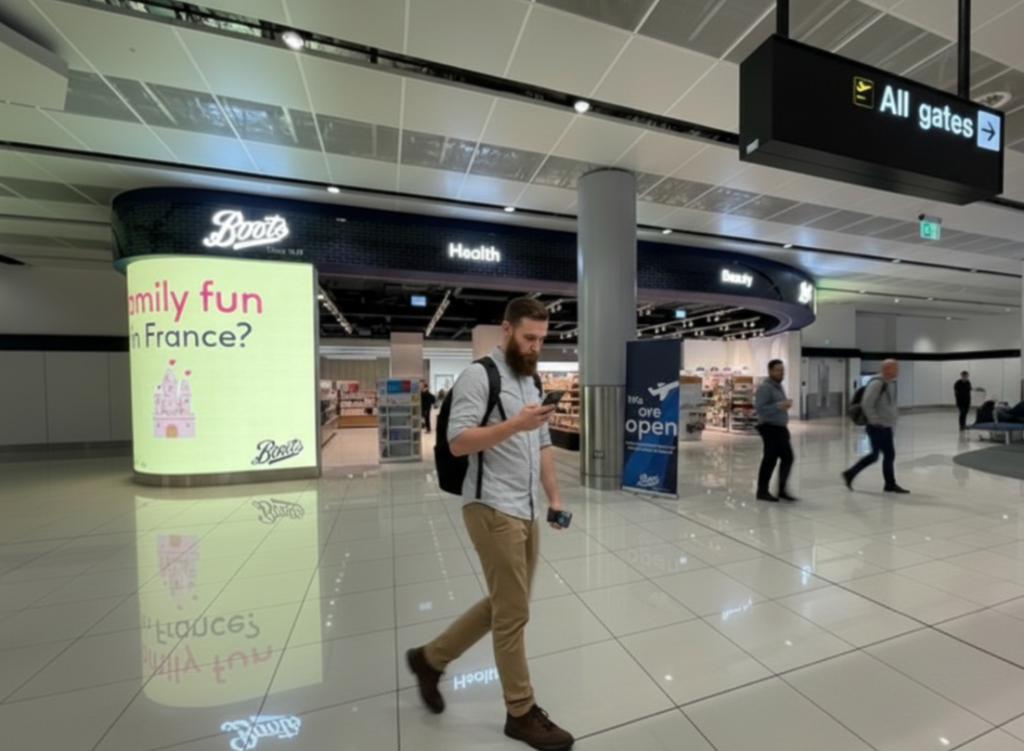 A tourist at Boots in Manchester Airport, with his mobile phone and a Portable WiFi in one hand