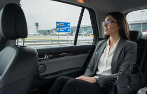 Female Business traveler taking an Uber from Manchester airport to Manchester city centre with a portable wifi in her bag