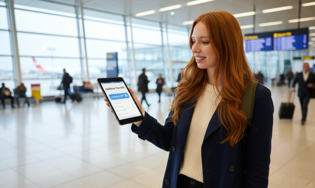 Lady at Heathrow airport with a mobile table, trying to connect to Airport public WiFi, without a VPN security