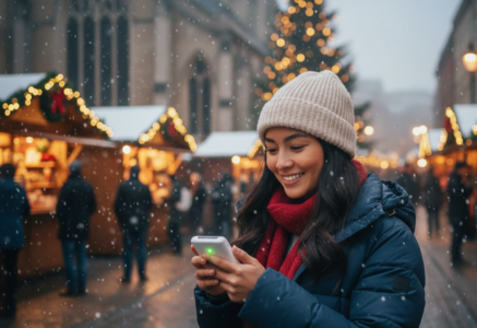 Lady holdig a pocket wifi device at Bristol during christmas