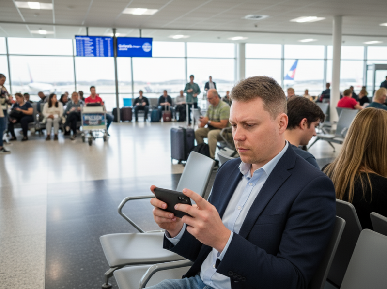 Man at Gatwick Aiport trying to turn off data roaming on his mobile phone | Airport Wifi Hire Man at Gatwick Airport, trying to turn off data roaming on his mobile phone