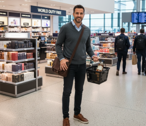 Man shopping at heathrow airport world duty free