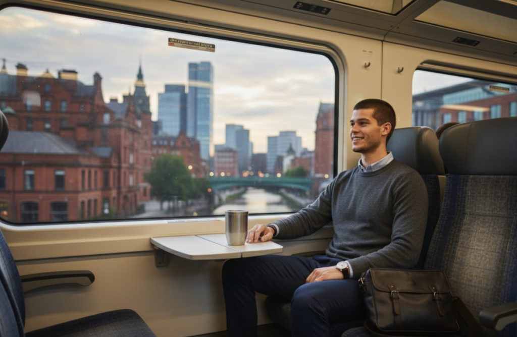 Traveler boarding the train from the Airport to Manchester city centre