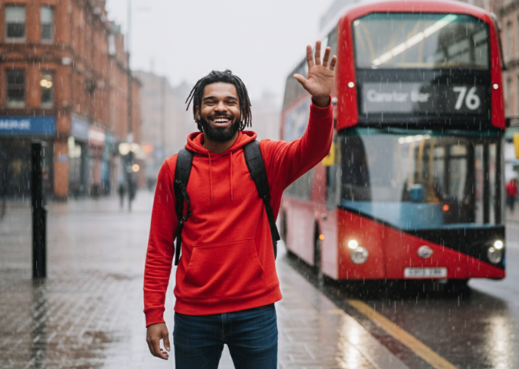 Young Digital Nomad in Manchester city centre, standing close to a Bus
